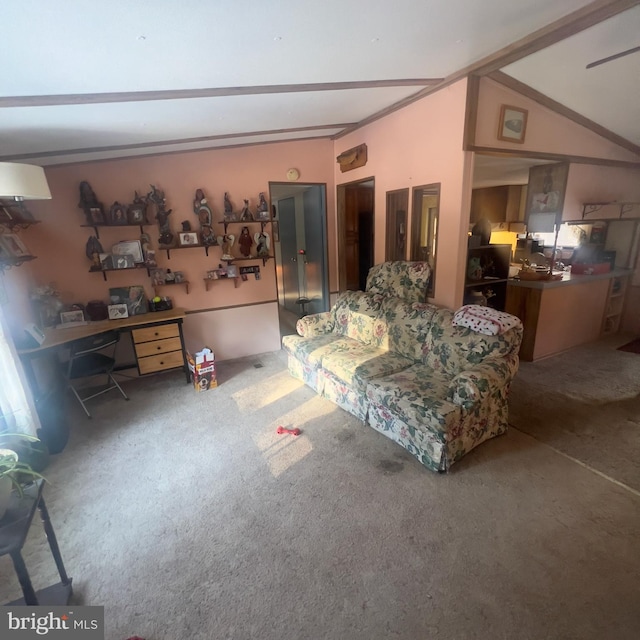 carpeted living room featuring lofted ceiling