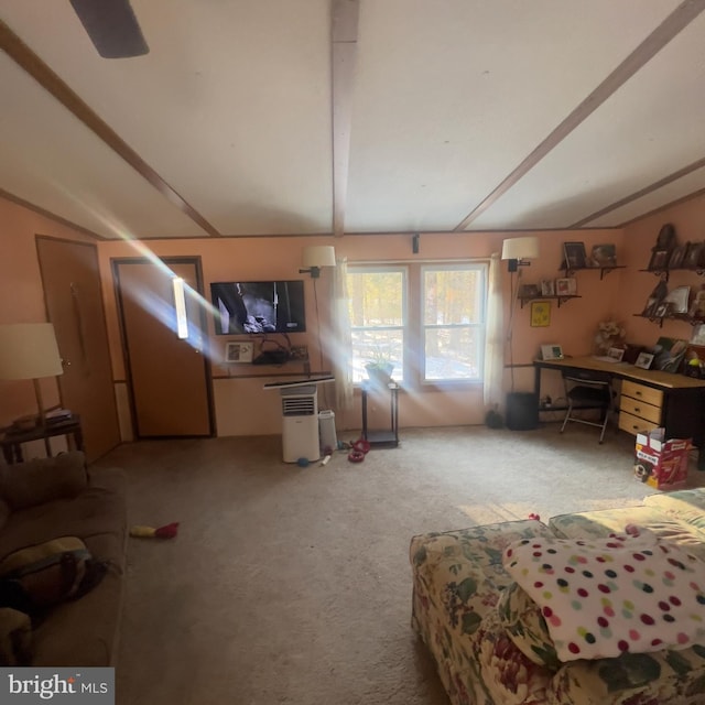 living room featuring carpet floors and vaulted ceiling with beams