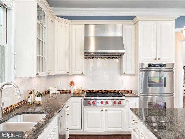 kitchen featuring wall chimney exhaust hood, stainless steel appliances, a sink, backsplash, and glass insert cabinets