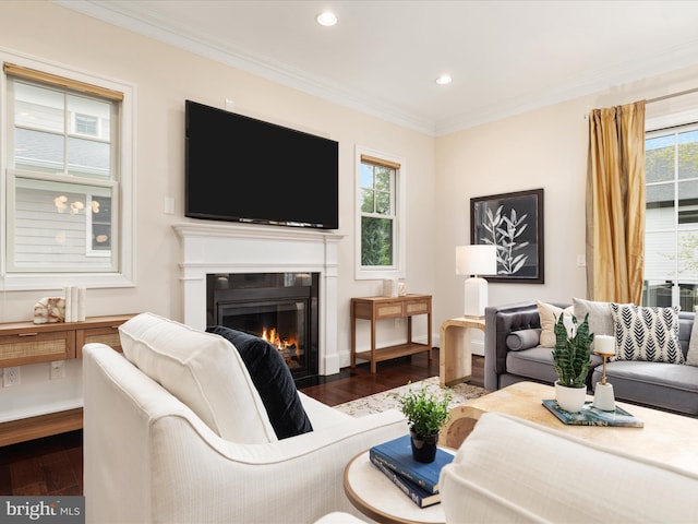 living area featuring recessed lighting, dark wood-style floors, ornamental molding, baseboards, and a glass covered fireplace