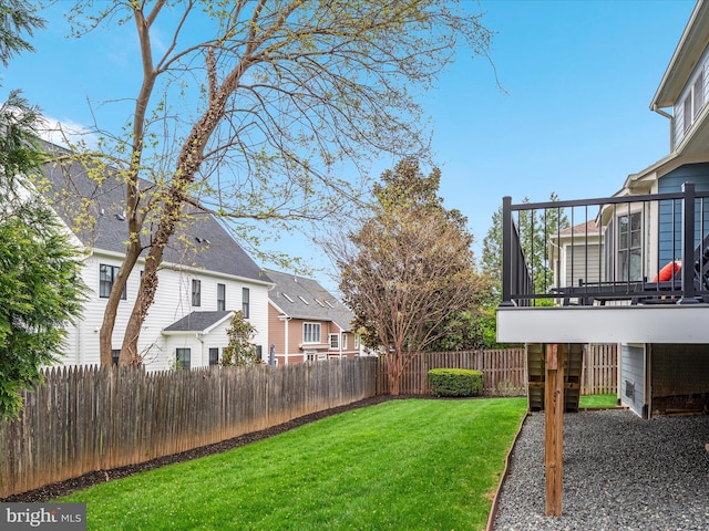 view of yard featuring a fenced backyard, a residential view, and a deck