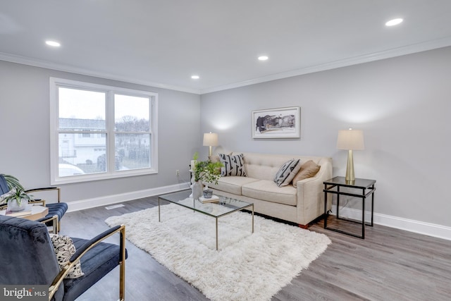 living room featuring baseboards, wood finished floors, and crown molding