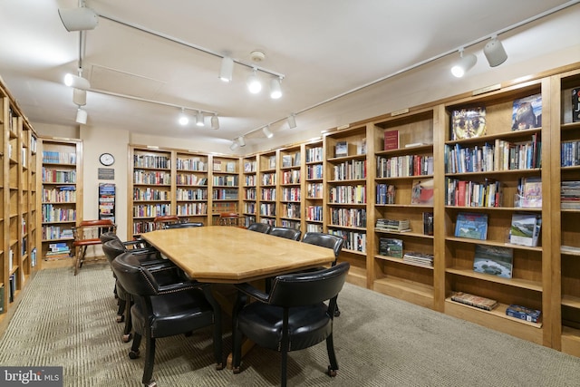 living area with bookshelves, track lighting, and carpet flooring