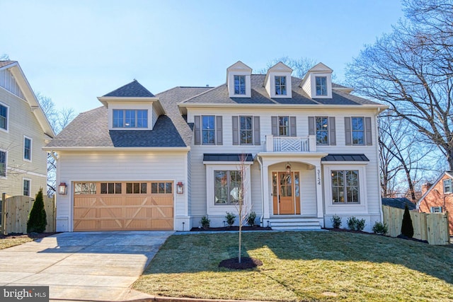 colonial house featuring a garage, driveway, entry steps, fence, and a front lawn