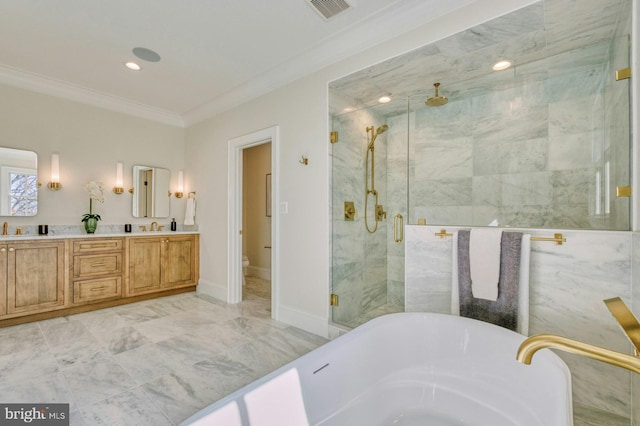 full bath with a sink, visible vents, a soaking tub, a stall shower, and crown molding