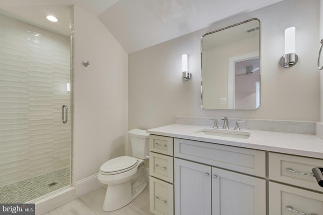 full bath featuring toilet, visible vents, a shower stall, and vanity