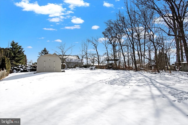 snowy yard with a shed and an outdoor structure