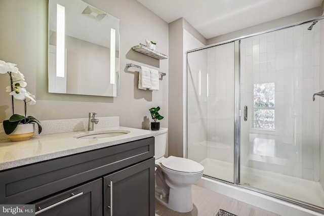 bathroom featuring toilet, a stall shower, and vanity