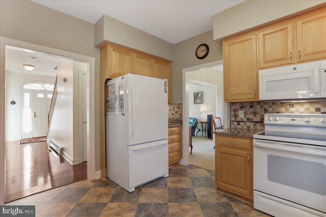kitchen featuring decorative backsplash, baseboard heating, stone countertops, light brown cabinetry, and white appliances