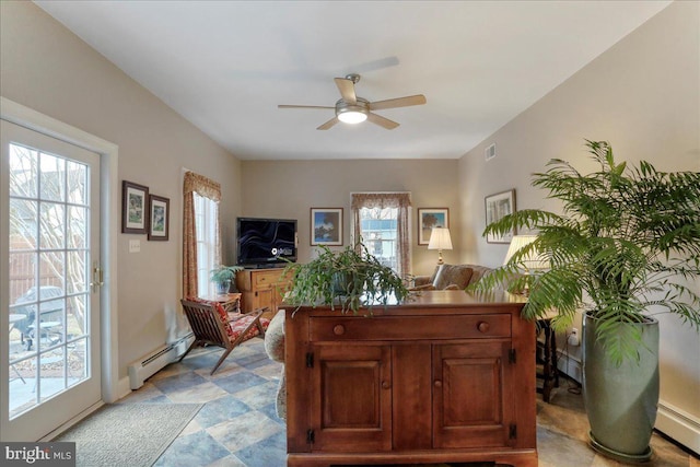 office area featuring ceiling fan, plenty of natural light, visible vents, and baseboard heating