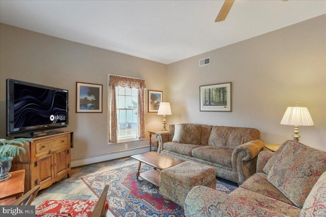 living area with baseboards, visible vents, a ceiling fan, stone finish flooring, and a baseboard heating unit