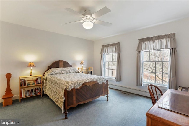 bedroom with a baseboard radiator, multiple windows, dark colored carpet, and a ceiling fan