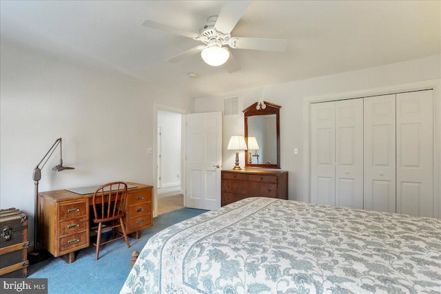 bedroom with carpet, a closet, visible vents, and ceiling fan