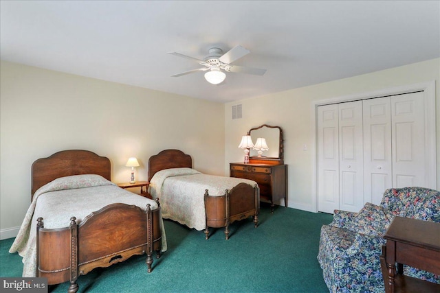 bedroom featuring baseboards, visible vents, ceiling fan, dark carpet, and a closet