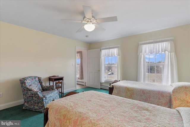 bedroom with dark colored carpet, baseboard heating, a ceiling fan, and baseboards