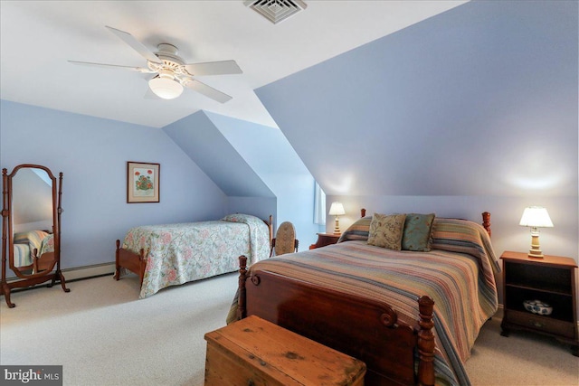 bedroom with vaulted ceiling, a ceiling fan, visible vents, and light colored carpet