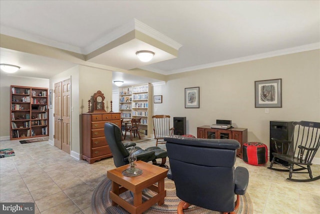 living area with baseboards, light tile patterned flooring, and crown molding