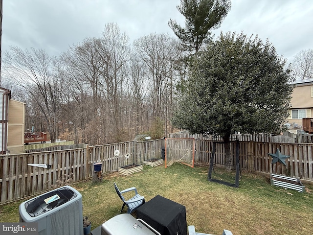 view of yard with a fenced backyard and central air condition unit