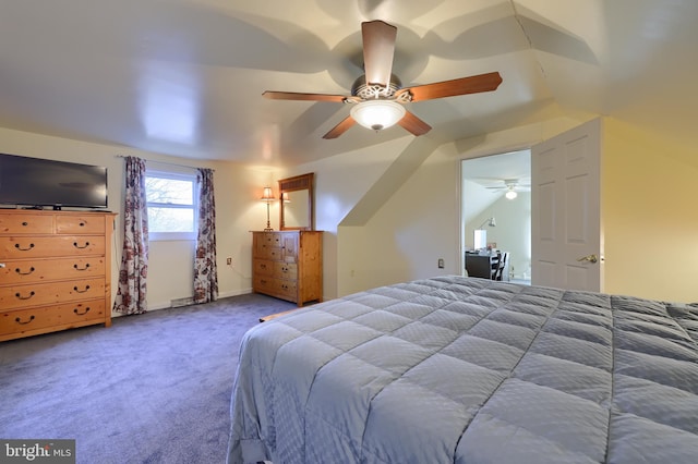 bedroom featuring a ceiling fan and carpet