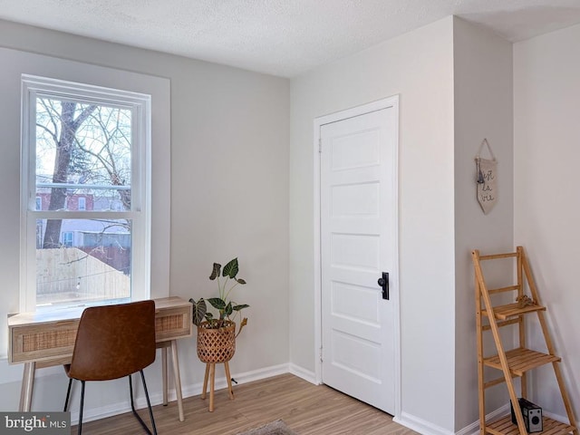 office space with a textured ceiling, baseboards, and light wood-style floors