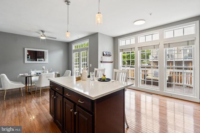 kitchen with wood-type flooring, decorative light fixtures, healthy amount of natural light, and light countertops