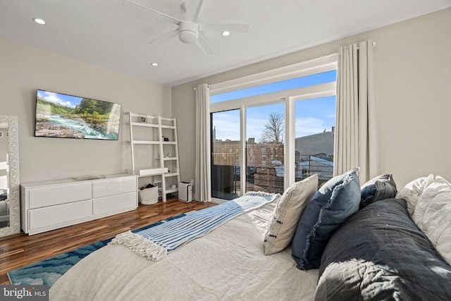 bedroom featuring access to exterior, recessed lighting, ceiling fan, and wood finished floors