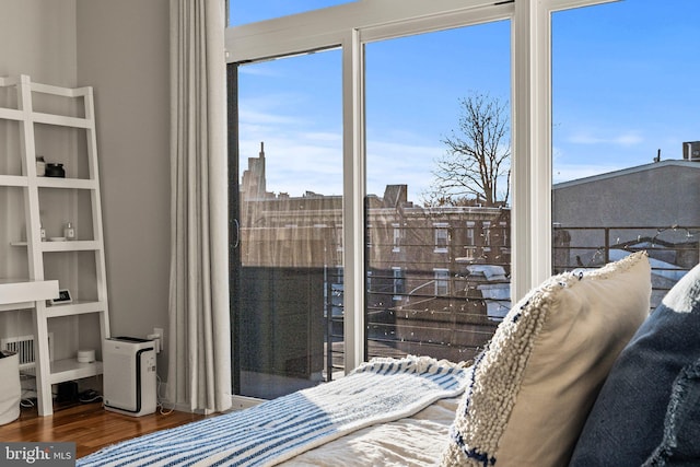 bedroom featuring wood finished floors and a city view