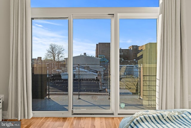 entryway featuring a view of city and wood finished floors