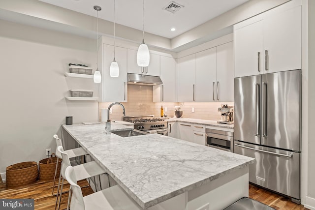 kitchen featuring tasteful backsplash, visible vents, a peninsula, high quality appliances, and under cabinet range hood