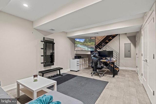 workout area with recessed lighting, visible vents, light wood-style flooring, electric panel, and baseboards