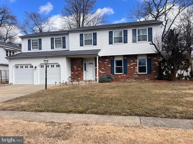 view of front of house featuring driveway, a garage, a front yard, and brick siding