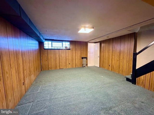 below grade area with stairs, carpet, and wood walls