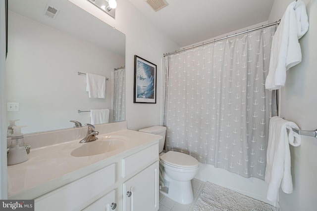 bathroom featuring shower / tub combo, vanity, visible vents, and tile patterned floors