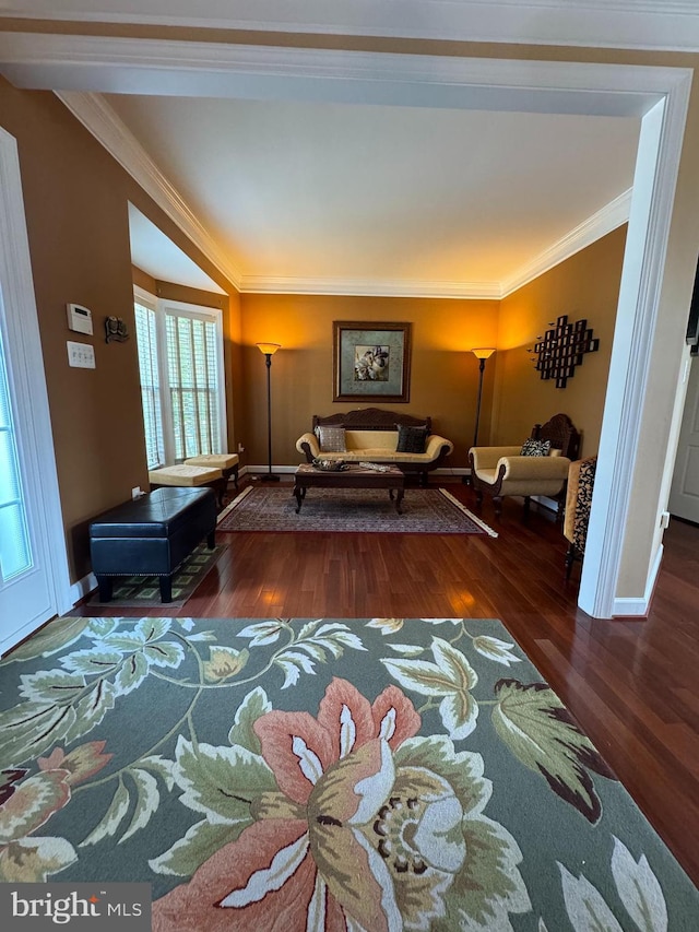 living area with wood finished floors, baseboards, and ornamental molding