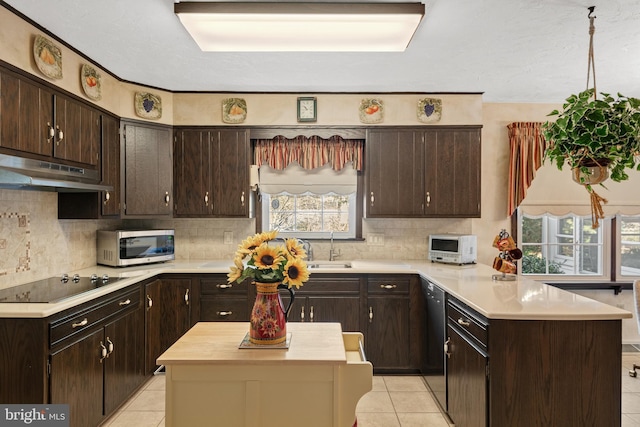 kitchen featuring dark brown cabinets, under cabinet range hood, black appliances, and a peninsula