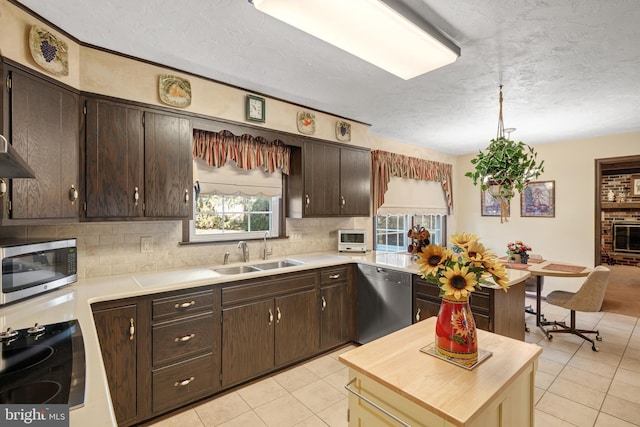 kitchen featuring stainless steel appliances, a sink, backsplash, and dark brown cabinets