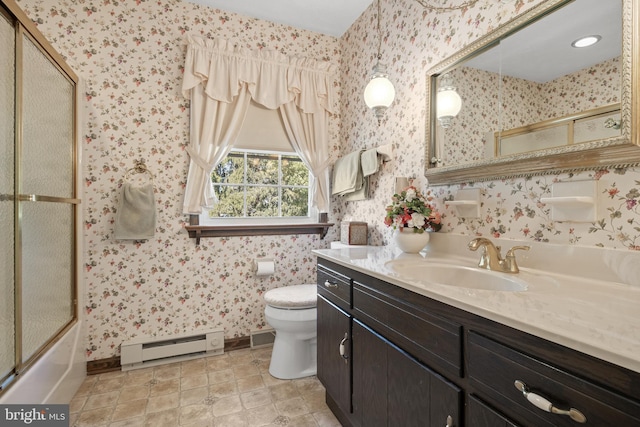 full bath with a baseboard radiator, vanity, and wallpapered walls