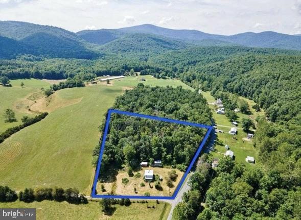 drone / aerial view with a rural view, a wooded view, and a mountain view