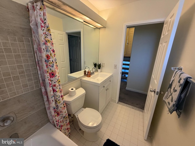 bathroom featuring tile patterned flooring, vanity, toilet, and shower / tub combo with curtain