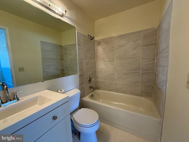 full bath with  shower combination, tile patterned flooring, vanity, and toilet