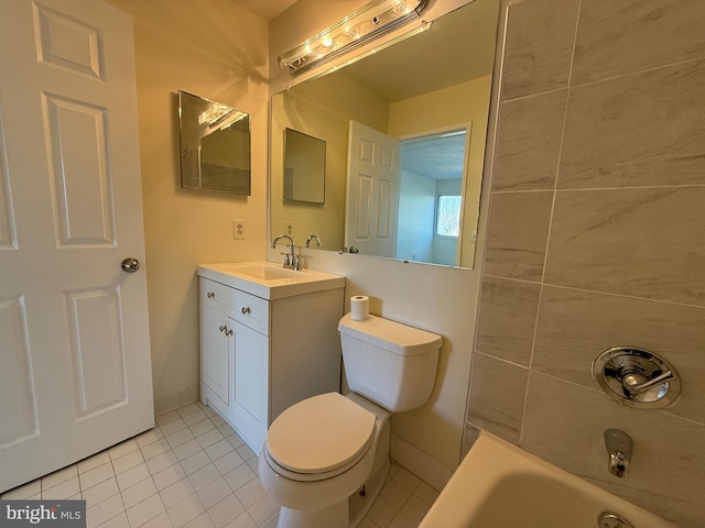 full bath with toilet, tile patterned flooring, a washtub, and vanity