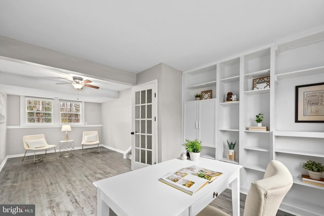 home office featuring ceiling fan, light wood finished floors, and baseboards