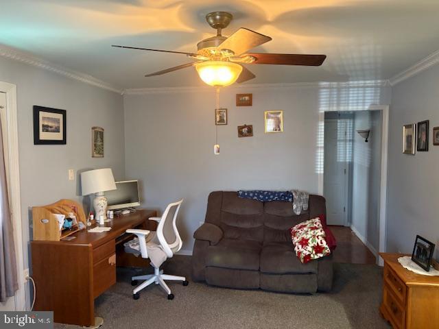 office with carpet, crown molding, and ceiling fan