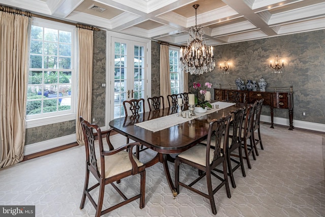 dining room with a healthy amount of sunlight, visible vents, beamed ceiling, and wallpapered walls