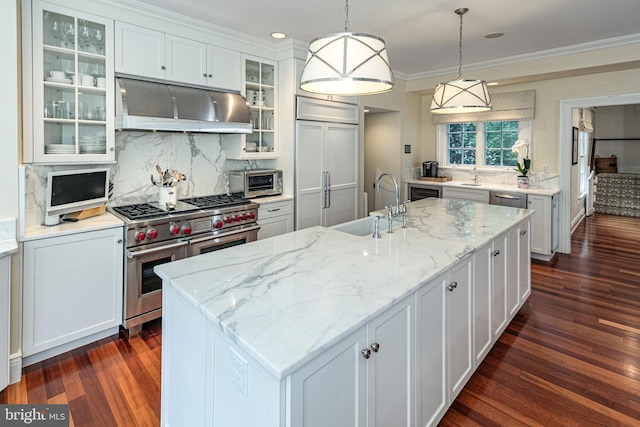 kitchen with an island with sink, glass insert cabinets, high quality appliances, and under cabinet range hood