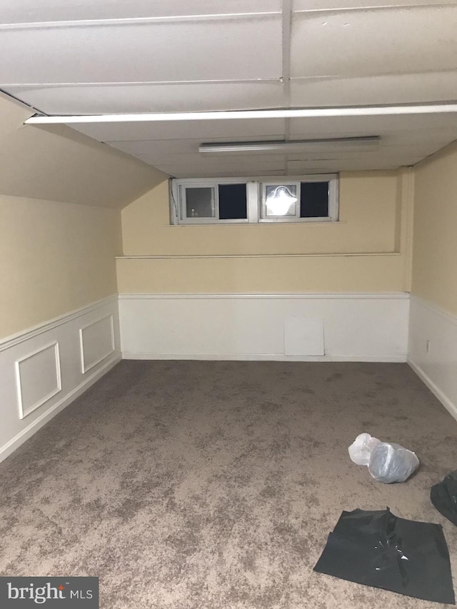 finished basement featuring carpet and wainscoting