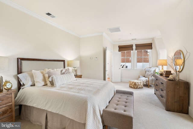 bedroom featuring baseboards, visible vents, crown molding, and light colored carpet