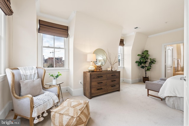 bedroom featuring light carpet, baseboards, visible vents, and ornamental molding