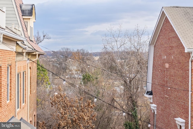 view of property exterior featuring roof with shingles and brick siding