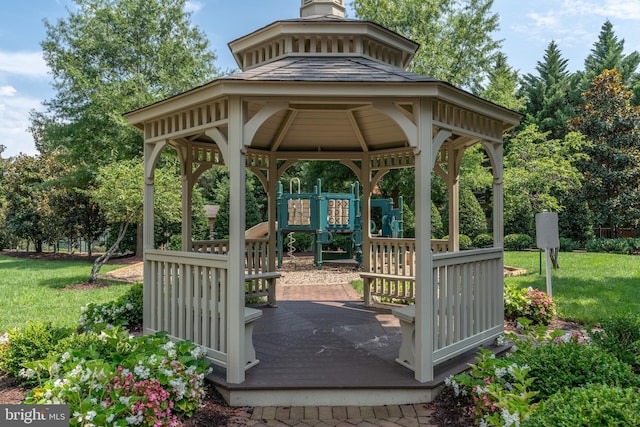 surrounding community with a gazebo, playground community, and a lawn